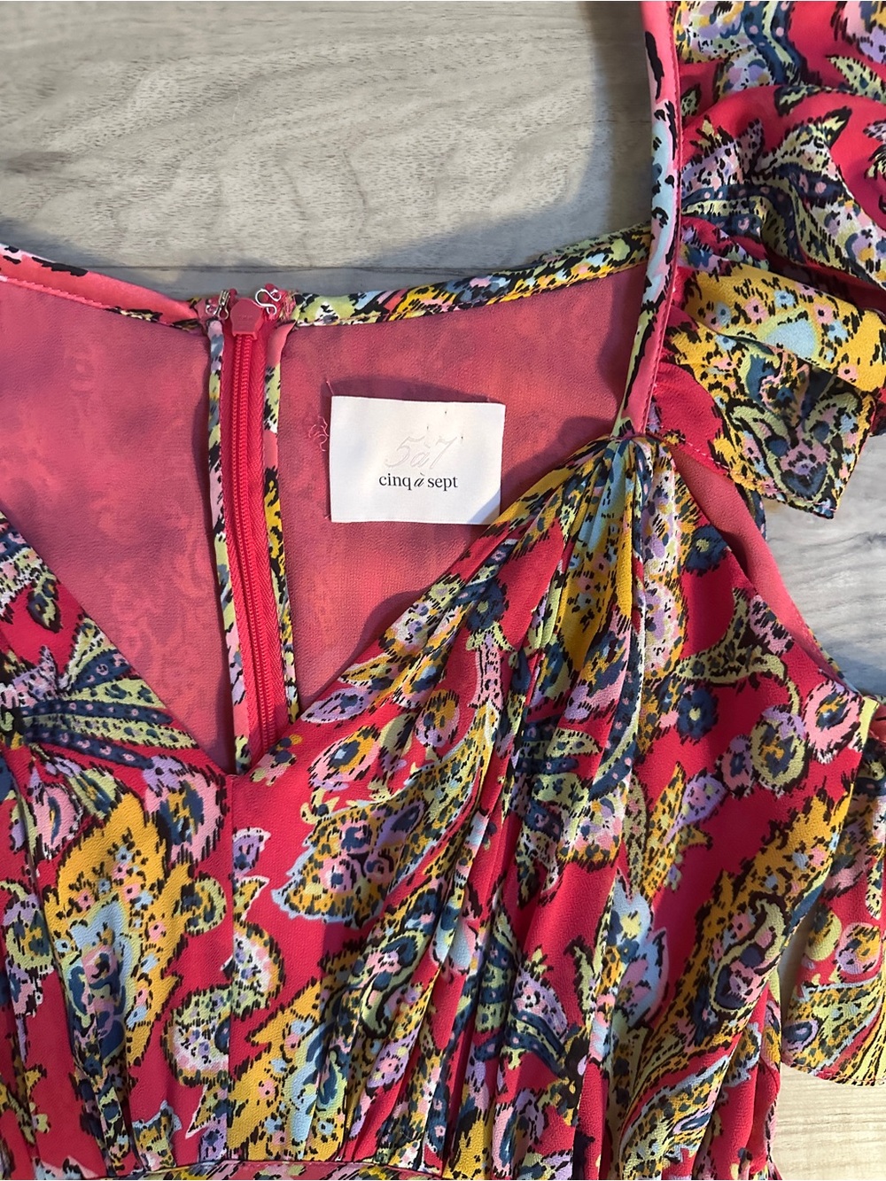Cinq a Sept Collier Ruffle Cold Shoulder Chiffon Dress in Primrose Pink Paisley - Picture 10 of 11